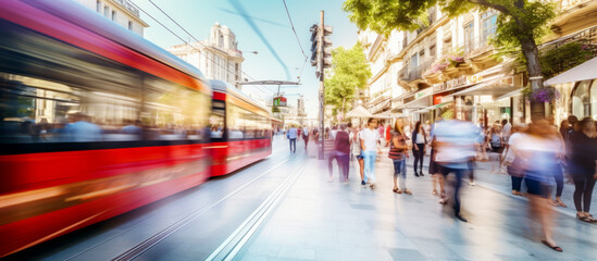 Obraz premium timelapse of daylight busy urban downtown city crowd people commuter transportation intersection street motion people and car taxi strret scene pedestrian city people lifestyle,ai generate