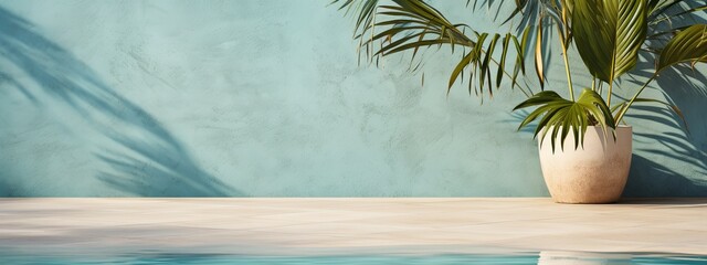 concrete wall with tree and shadow and clean clear water pool swiming reflecting water nature wall mockup template daylight,ai generate