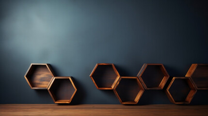 Empty hexagons pattern wooden shelves design on wall for office and home