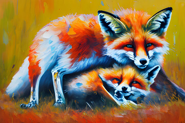 Multicolored oil painting portrait of foxes. Digital painting.	
