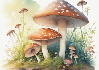 painting of mushrooms in the grass made with Generative AI