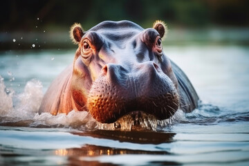 Raging Hippo in African River Scene
