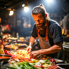 Skilled chef in a professional kitchen, engrossed in 
culinary preparation