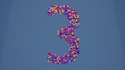 Modern 3d illustration of Christmas alphabet. 3d number 3 made of colorful Christmas ornaments on blue table background. Flat lay, top view, copy space. Christmas composition.