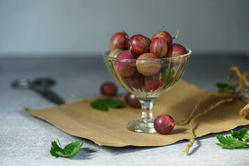 Ripe red gooseberries in a vintage vase. Vintage rustic rustic concept