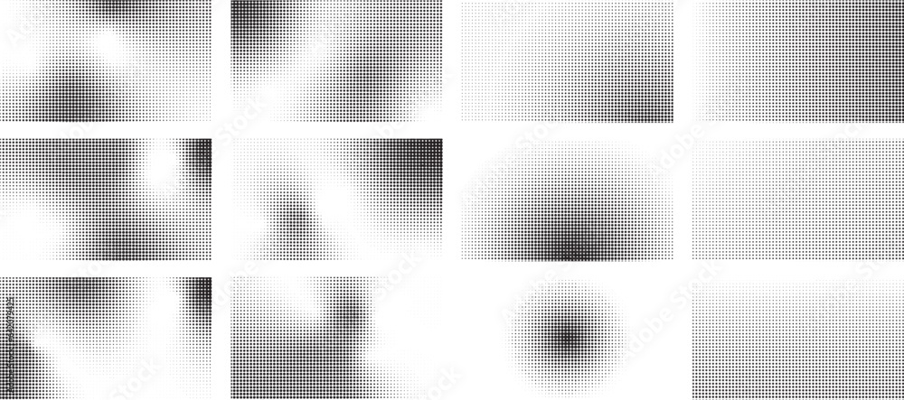 Poster halftone gradient set. subtle halftone vector texture overlay. smooth black and white dotted halfton