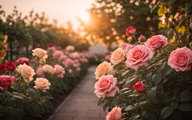 Roses in the garden at sunset made with Generative AI