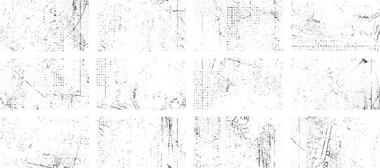 Overlay textures set stamp with grunge effect. Old damage Dirty grainy and scratches. Set of different distressed black grain texture. Distress overlay vector textures.	