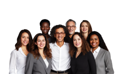 Happy business team of diverse multi-ethnic people isolated on transparent white background