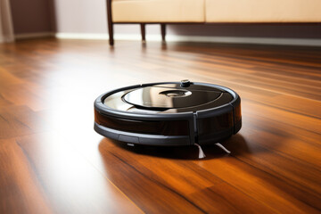 Robotic vacuum cleaner on laminate wood floor. Modern smart cleaning technology