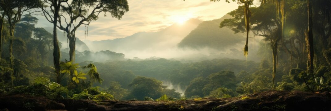 Amazon rainforest in mist in morning light
