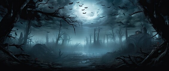 Obraz premium Moonlight shining on a scary haunted landscape.