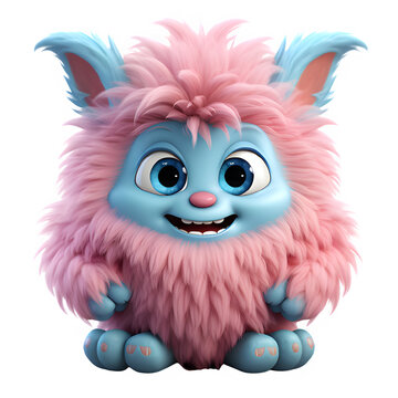 cute pink furry monster ,funny horned monster isolated on transparent background ,generative ai