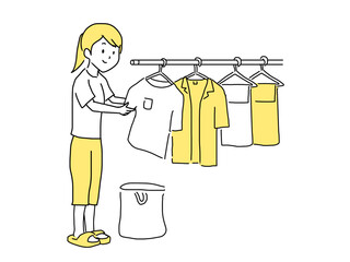 洗濯物を干す女性　イラスト