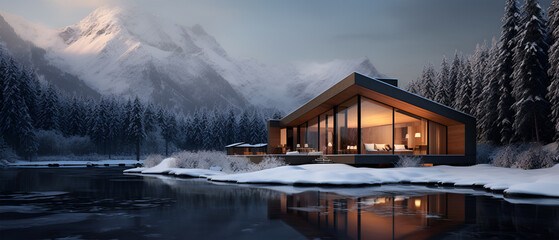 A Serene and Secluded Mountain Cabin Surrounded by Snow, Generative AI