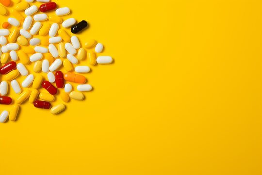 Pill bottle spilling out colorful pills on yellow table generative ai
