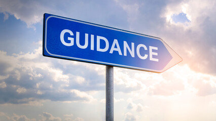 Street directional sign with the word “Guidance”, signpost offering direction and assistance, wayfinding concept