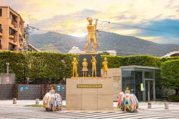 Nagasaki, Japan - Nov 29 2022: The Statue in Memory of School Children and Teachers at Nagasaki Atomic Bomb Museum, dedicated to children and teachers died the Nagasaki atomic bombing. - obrazy, fototapety, plakaty