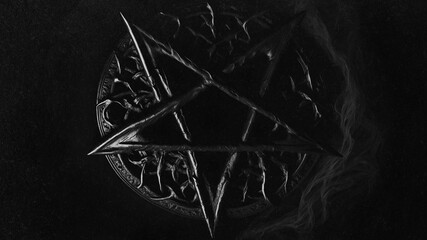 Silver satanic pentagram on a black background