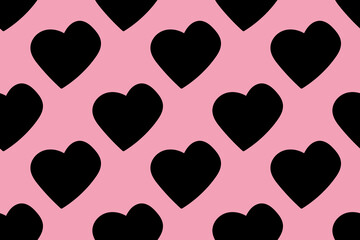 Black hearts on pink background. Lovely romantic love. St. Valentine's Day. Wedding day. Feelings. Cute and nice. Trendy, stylish, fashionable, seamless vector pattern for design and decoration.