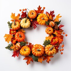 An autumn wreath with pumpkins against a plain white background, Generative AI