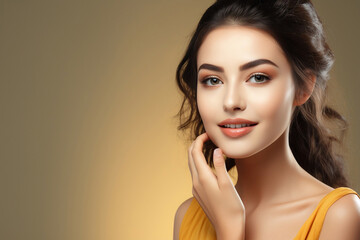 Fototapeta premium Portrait of beautiful lady with long curly hair over yellow background. Perfect Clean Skin.