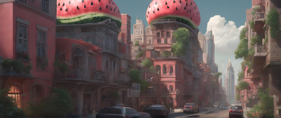 view of the town country , red watermelons with out rind on the roofs of the buildings with street road with many cars