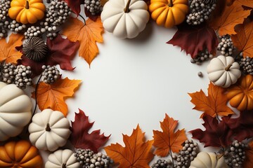 An autumn wreath with pumpkins against a plain white background, Generative AI