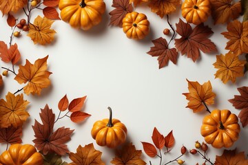 An autumn wreath with pumpkins against a plain white background, Generative AI