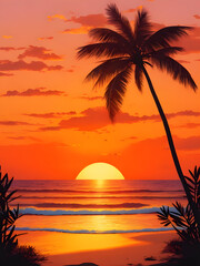 Beautiful and pretty sunset on the beach illustration - obrazy, fototapety, plakaty