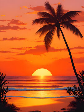 Fototapeta Beautiful and pretty sunset on the beach illustration