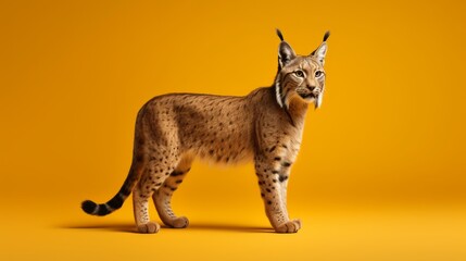 A majestic lynx standing against a vibrant yellow backdrop