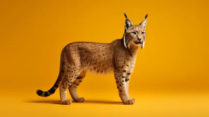 Foto op Plexiglas Lynx A majestic lynx standing against a vibrant yellow backdrop