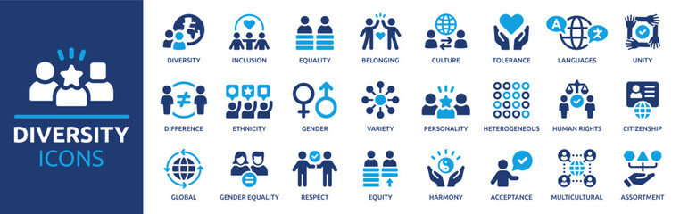 Diversity icon set. Containing equality, culture, languages, tolerance, difference, belonging, human rights and ethnicity icons. Solid icon collection. Vector illustration. © Icons-Studio