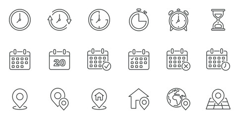 Clock, calendar and locaion icon vector illustration. Icon set on isolated background. Time, date and address sign concept.