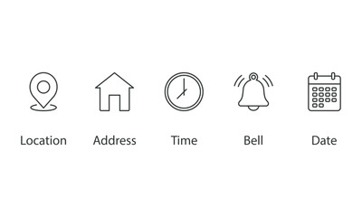 Date, time, address, location, bell icon vector illustration. Icon set on isolated background. Notice sign concept.
