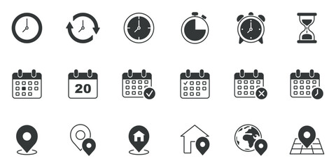Clock, calendar and locaion icon vector illustration. Icon set on isolated background. Time, date and address sign concept.