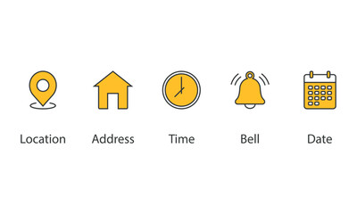 Date, time, address, location, bell icon vector illustration. Icon set on isolated background. Notice sign concept.