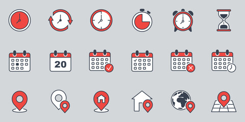 Clock, calendar and locaion icon vector illustration. Icon set on isolated background. Time, date and address sign concept.