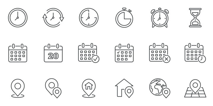 Clock, calendar and locaion icon vector illustration. Icon set on isolated background. Time, date and address sign concept.