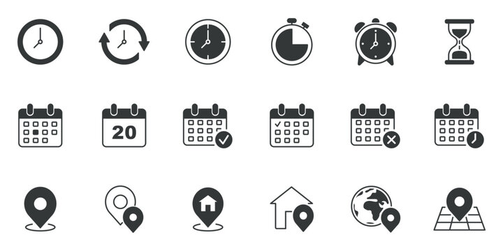 Clock, Calendar And Locaion Icon Vector Illustration. Icon Set On Isolated Background. Time, Date And Address Sign Concept.