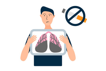 Young man has sick lungs from  smoking. Lungs health check results on the screen. Unhealthy habits. Vector illustration.