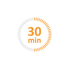 Clock icon vector illustration. Timer sign 30 min on isolated background. Countdown sign concept.