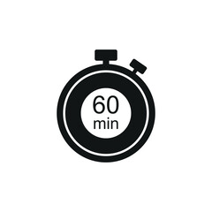 Clock icon vector illustration. Timer sign 60 min on isolated background. Countdown sign concept.