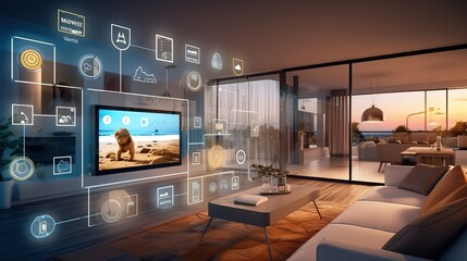 Smart home interface with augmented reality, smart home interior design with options. Created with Generative Ai technology.