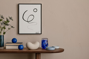 Minimalist composition of living room interior with mock up poster frame, copy space, wooden...