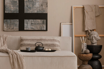 Interior design of living room interior with mock up poster frame, modular sofa, wooden coffee table, plaid, pillows, stylish sideboard, gray bowl, plaid and personal accessories. Home decor. Template