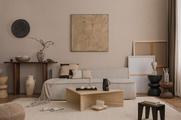 Warm and cozy living room interior with mock up poster frame, modular sofa, pillows, sideboard,...