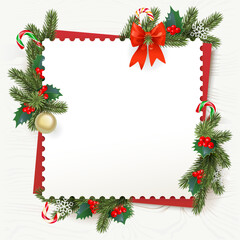 Fototapeta na wymiar Vector Christmas Square Frame with Wooden Background