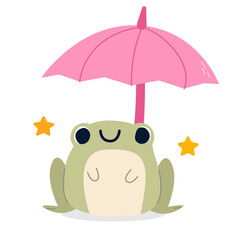 Cute toad under an umbrella. Vector illustration for banners, postcards, stickers, greetings, posters. Children's cute illustration isolated. Frog